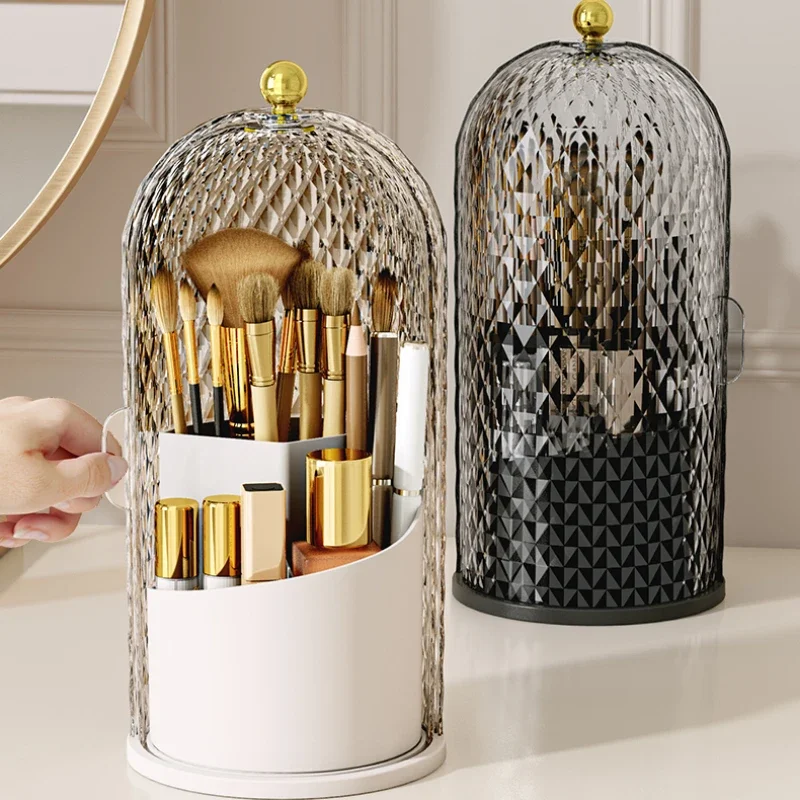 Diamond Birdcage Makeup Brush Holder with Lid 360°Rotating Dustproof Cosmetic Organizer Lipstick Storage Container Makeup