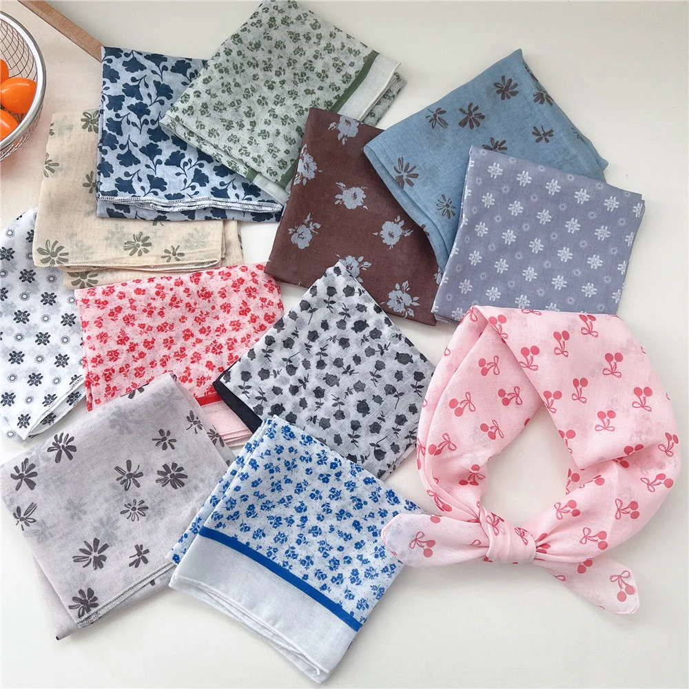 55cm Fashion Women Flower Cotton Linen Small Square Scarf Summer Women's Versatile Sweet Cute Scarf Head Band Hair Accessories