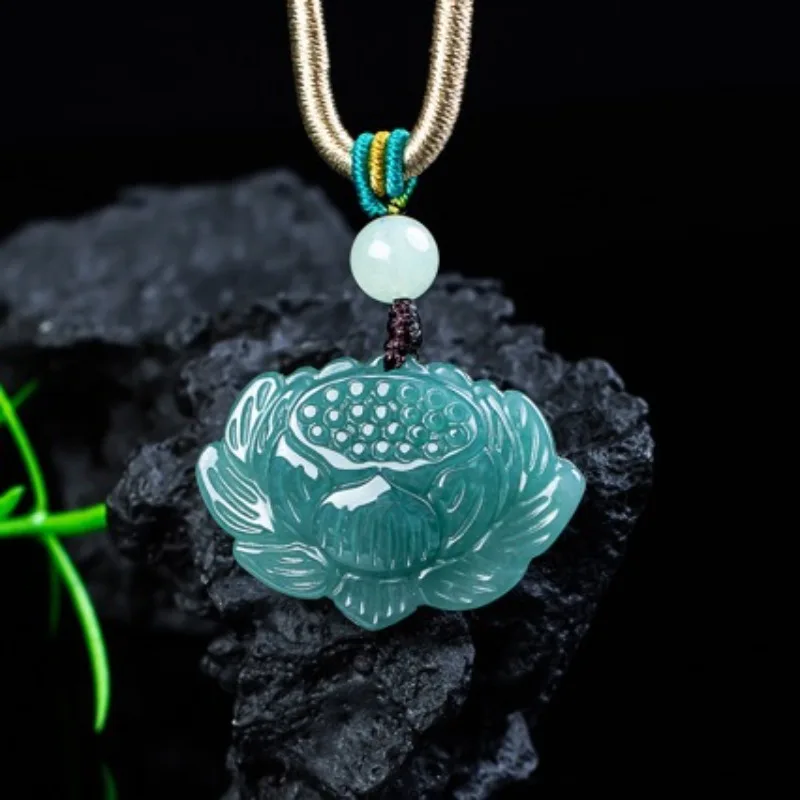 

Настоящий натуральный Мьянма, изумрудно-синий водный цветок лотоса, кулон на семян льда, ожерелье, резные ювелирные изделия, модный амулет, подарки, сертификат