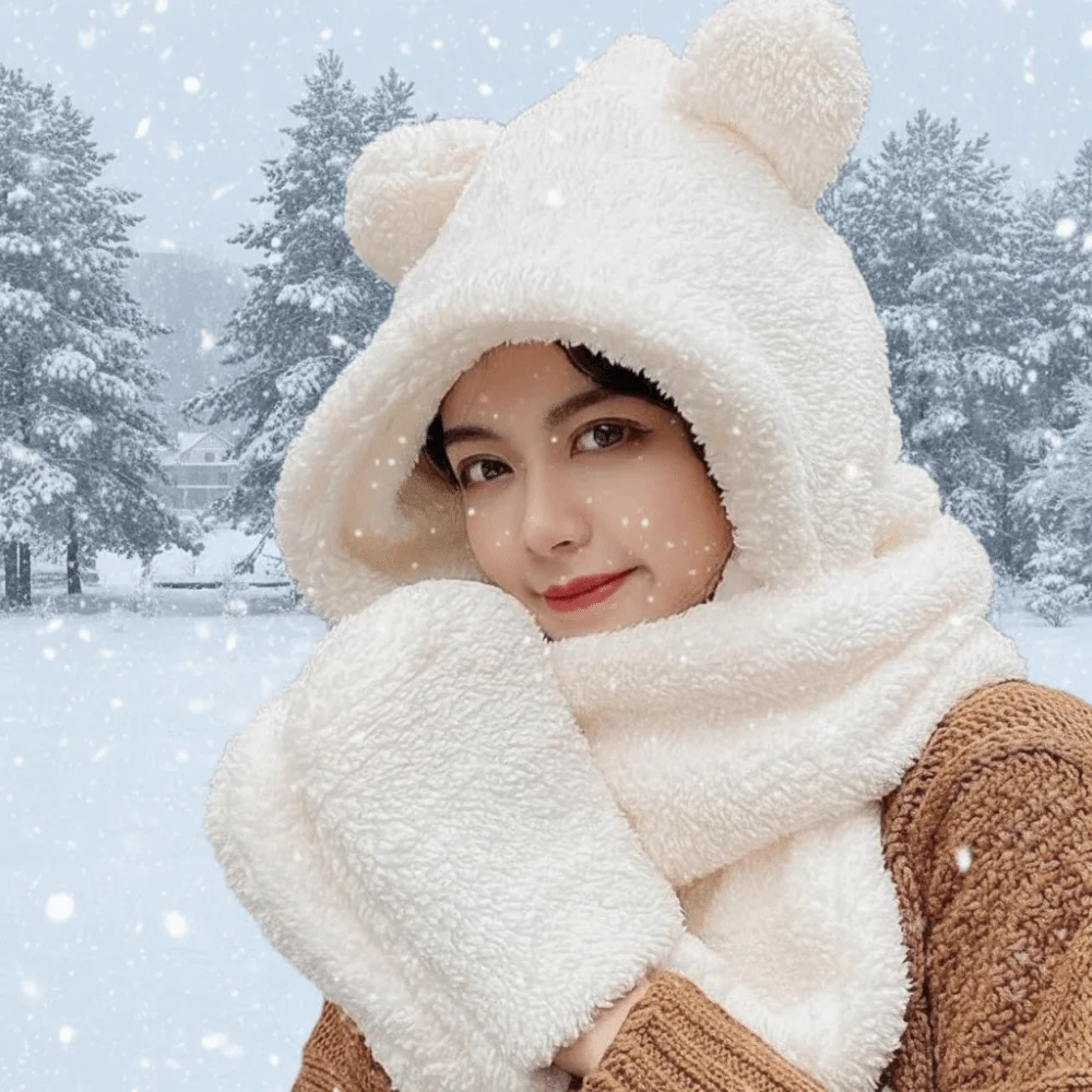 Thickened Bear Ear Plush Beanie 3 In 1 Plush Scarf Hat Gloves Ear Protection Comfortable Fleece Scarves Hat Autumn Winter Warm