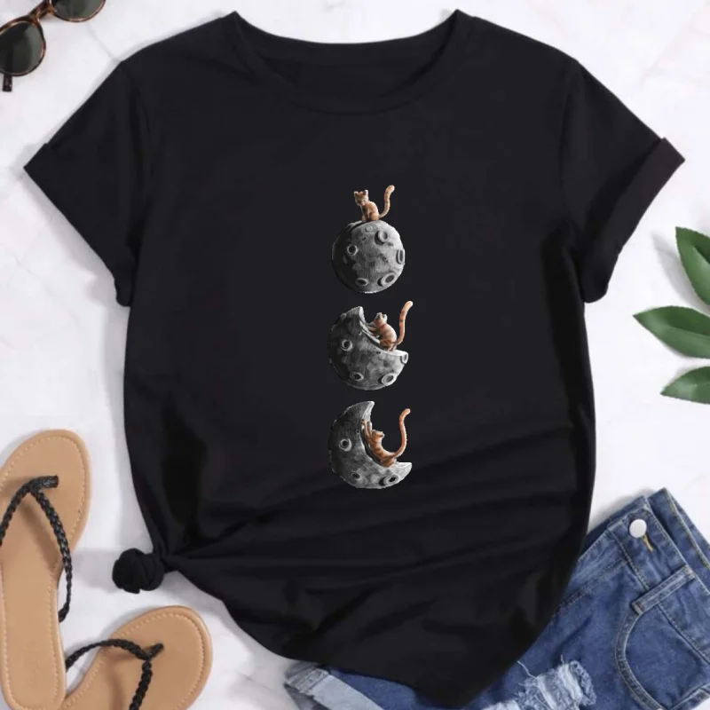 تي شيرت كاجوال برقبة دائرية مقاس كبير تي شيرت مطبوع بنمط قطة لطيف للنساء تي شيرت بأكمام قصيرة مطبوع عليه زهرة العين الرجعية