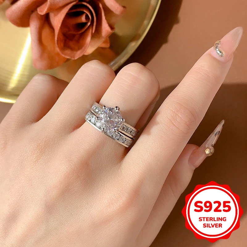 

Luxury S925 Silver Six-Claw Full Diamond Claw Type Ladies Couple Ring Geometric Valentine Day Engagement Gift Jewelry Wholesale