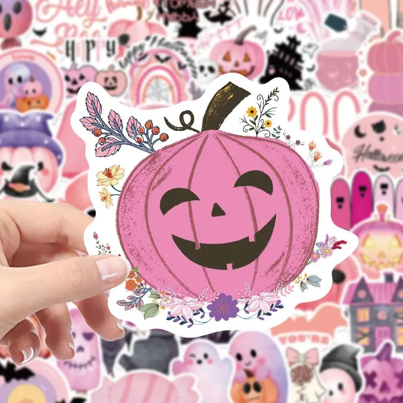 

50PCS Cartoon Pink Halloween Stickers Ghost Pumpkin Head Notebook Mobile Phone Case Luggage Water Cup Stickers Wholesale