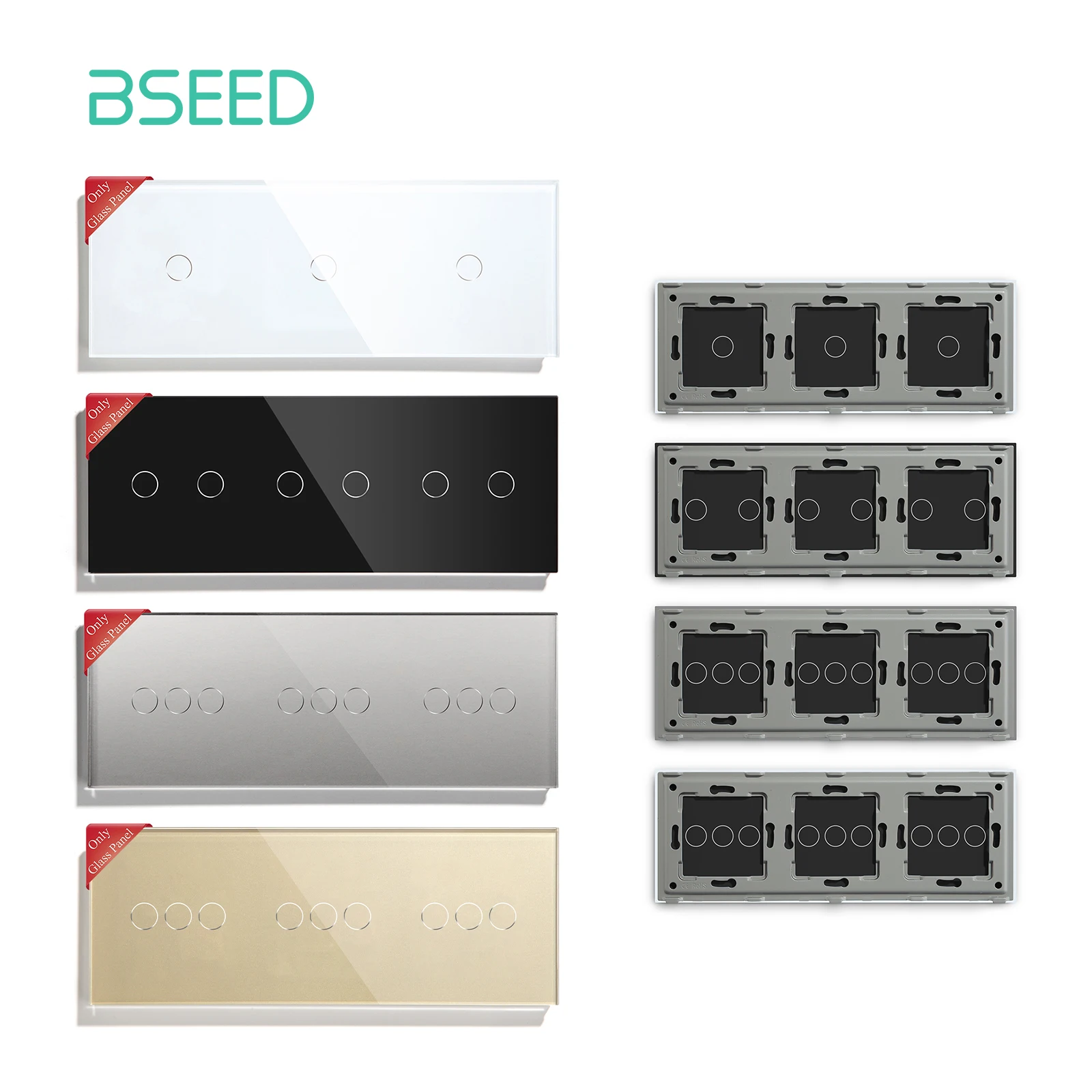 

BSEED EU Standard 228mm Crystal Glass Panel 3/6/9Gang Touch Screen Panel With Metal Frame White Black Golden No Switch Function