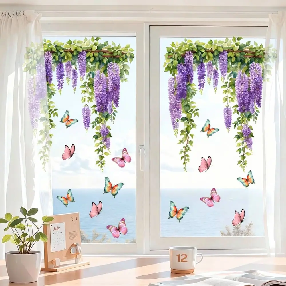 Decorative Static Glass Film Wisteria Butterfly Design Non Adhesive Window Decal For Home Interior Decoration Style