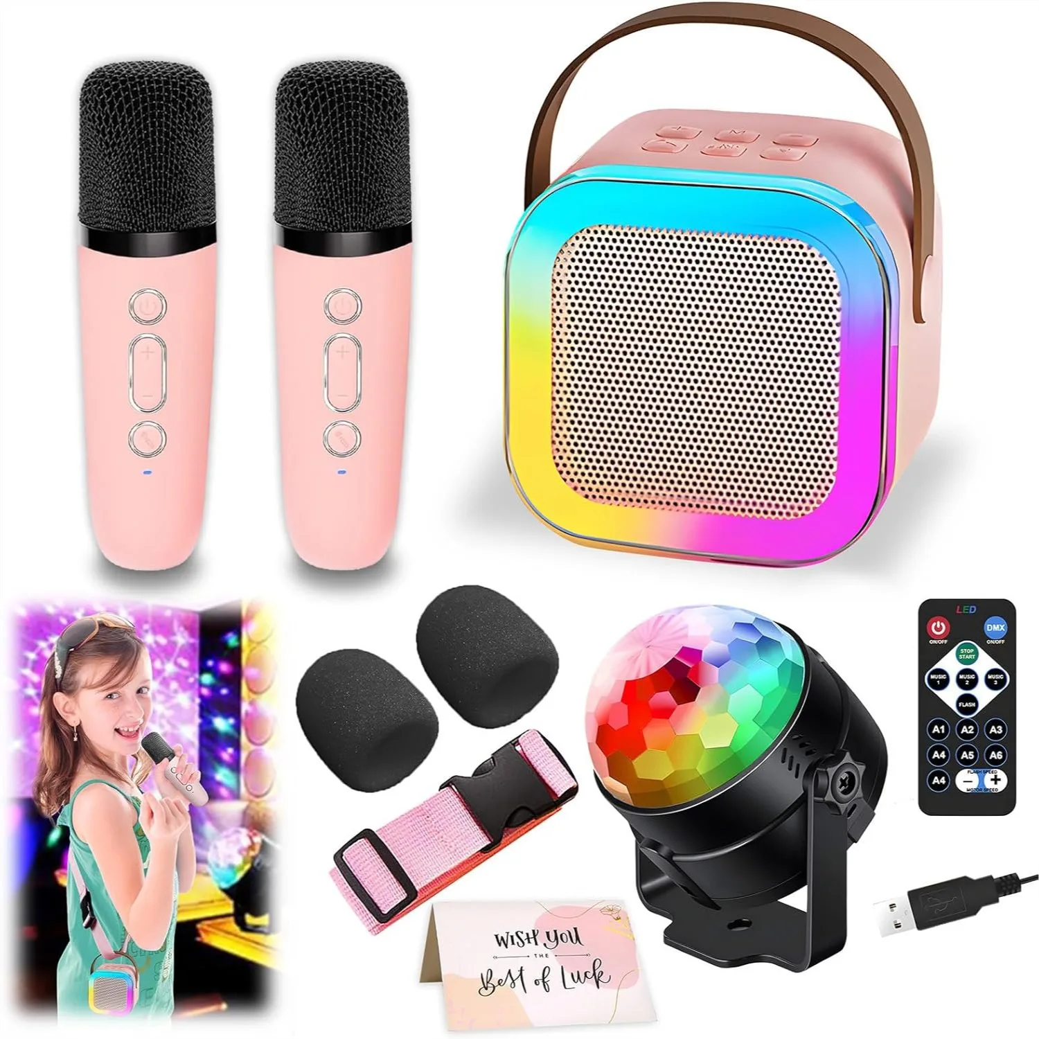

Portable Karaoke Machine with Bluetooth Speaker, 2 Wireless Mics, Disco Ball Light for Kids Home Dance Parties