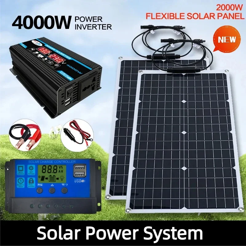 4000 W 6000 W netzunabhängiges Solarstrom-Kit – 4000 W Solarpanel + 110 V/220 V Wechselrichter + 12-V-Batterie-Controller für Heim-Backup