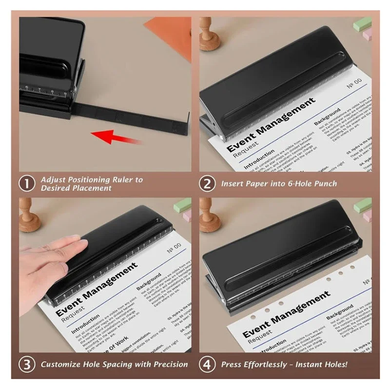 

Adjustable 6-Hole Punch with Positioning Mark Black Pink Daily Paper Puncher for A5 for A4 / A5 / A6 / Personal/pocket Size