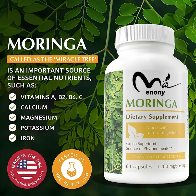 Moringa Capsules - อาหารเสริมผงมะรุมธรรมชาติ - ใบมะรุมและน้ํามันมะรุม เสริมภูมิคุ้มกันและข้อต่อ -60 แคปซูล