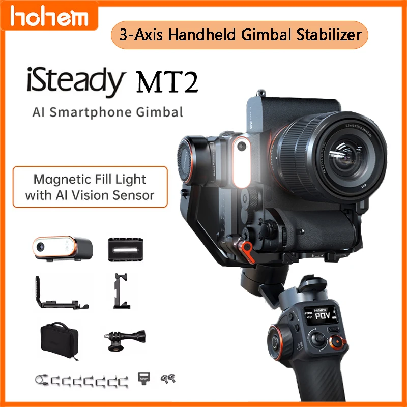 

Hohem iSteady MT2 Handheld Gimbal Stabilizer Selfie Stick Extension Rod with AI Magnetic Fill Light Full Color Video Lighting