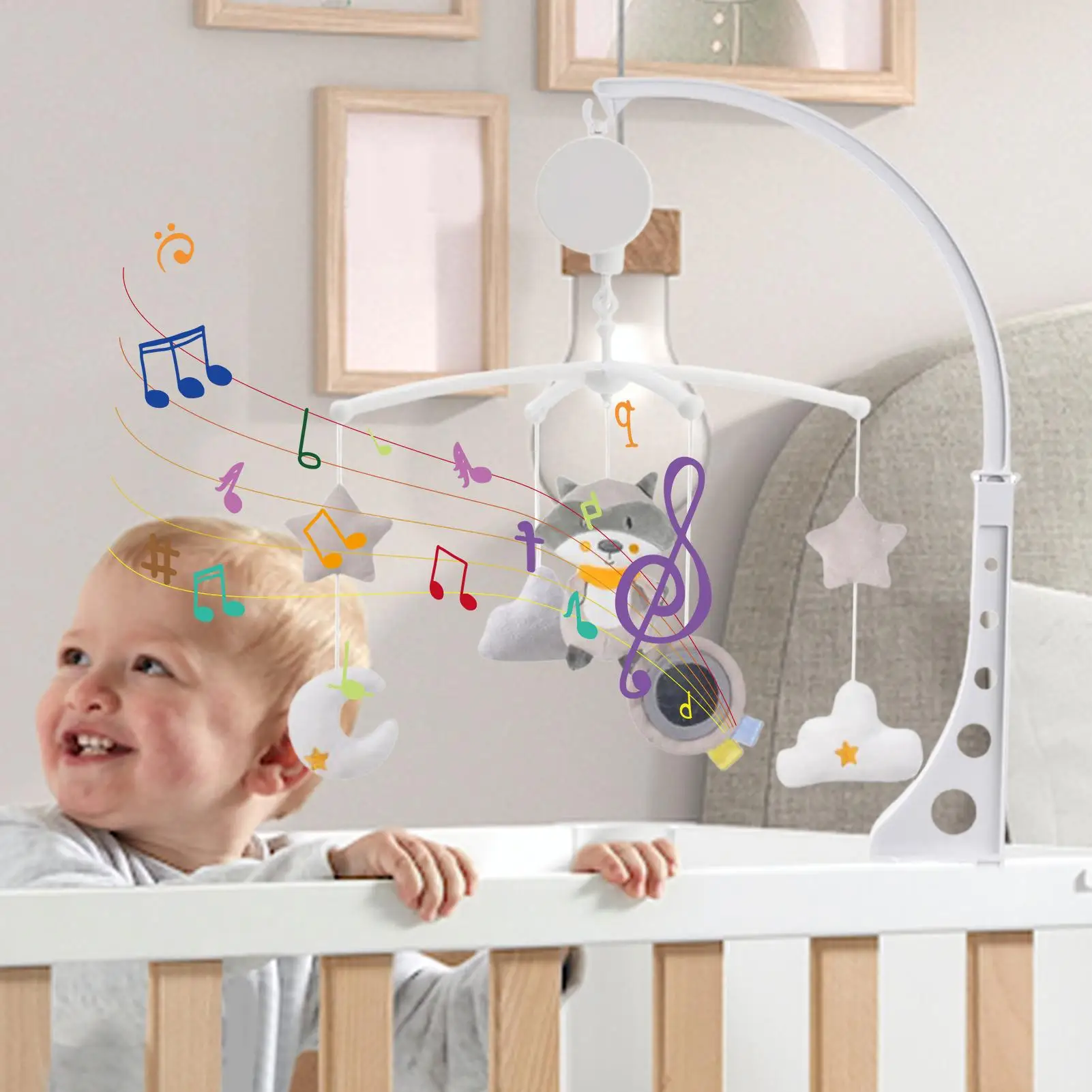 Wiegmobiel Babymobiel voor wieg Rustgevende muziekdoos met fotohanger Windgong Decoratie voor slaap Dagelijkse familieslaapkamer