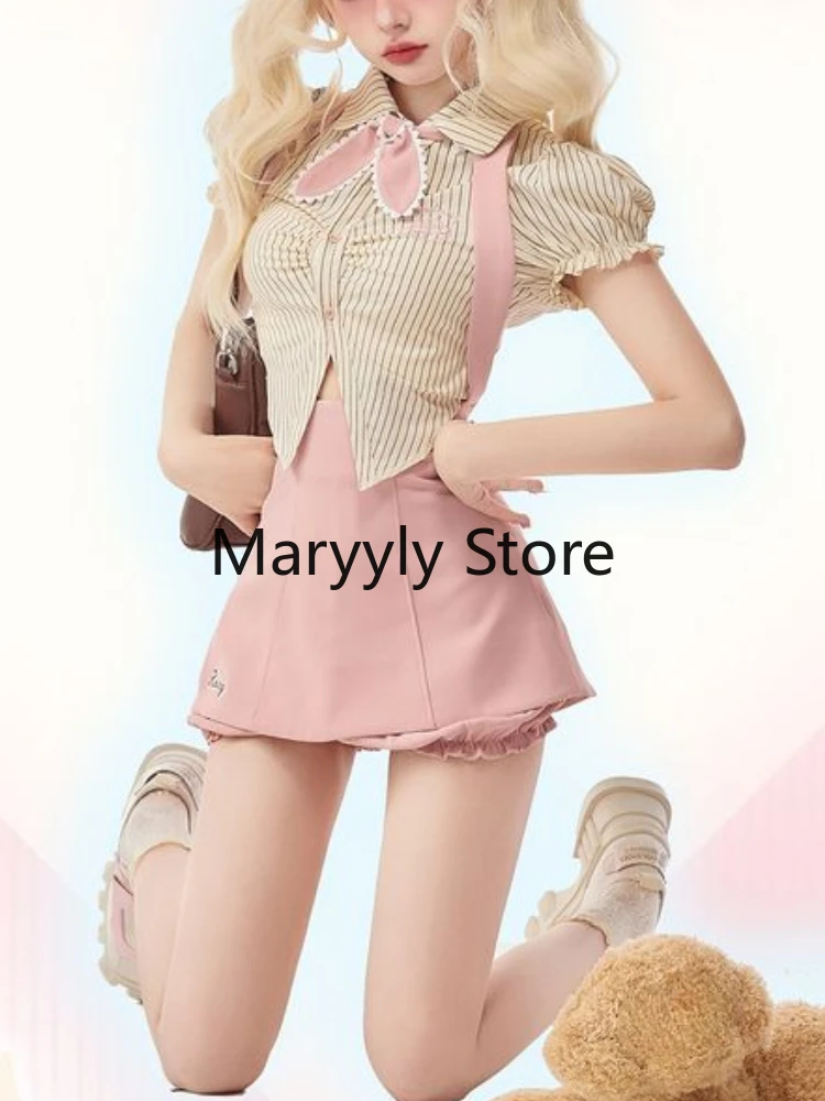 Sweet Kawaill Y2k 2 Piece Skirts Set Women 2023 Summer Fashion Bodycon Lolita Kawaii Suits Suits Chic Blouse + Pink Strap Skirts