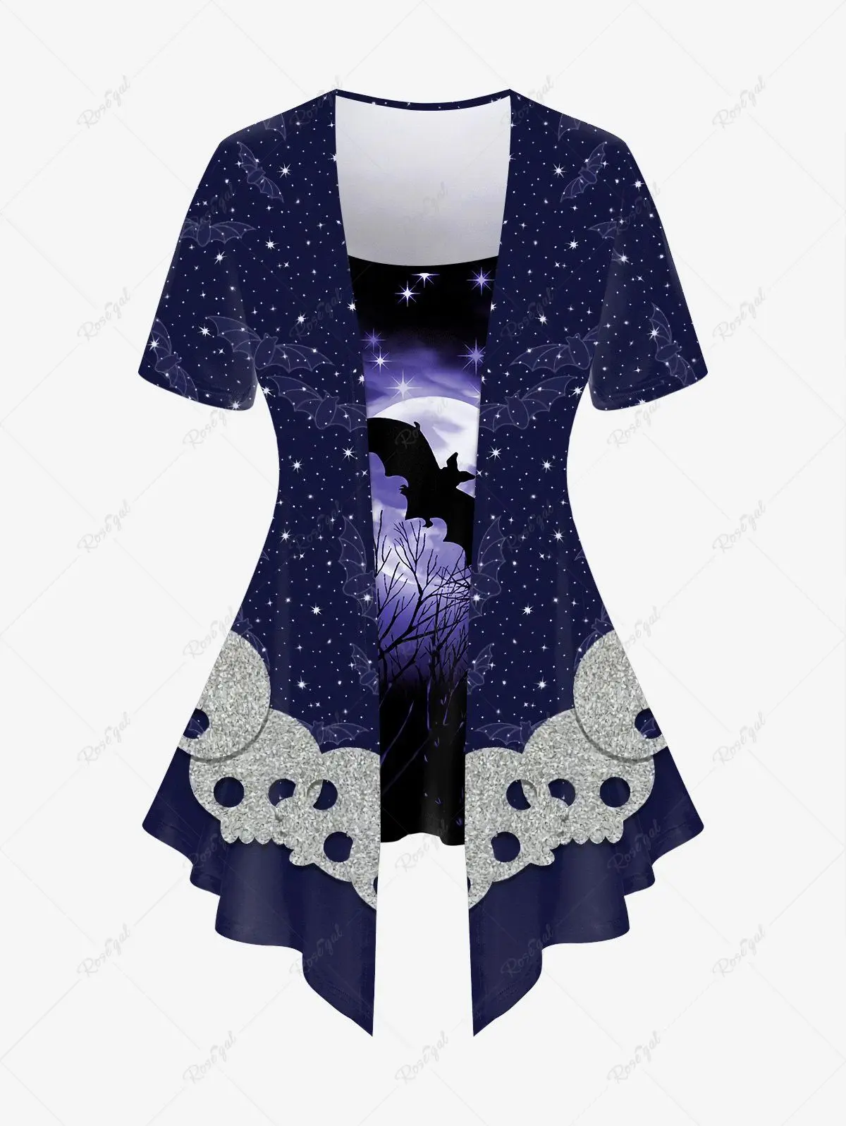 2023 New Plus Size Halloween Galaxy Cute Skull Bat Star Glitter Printed 2 In 1 T-shirt Or Flare Pants Daily Casual Matching Set