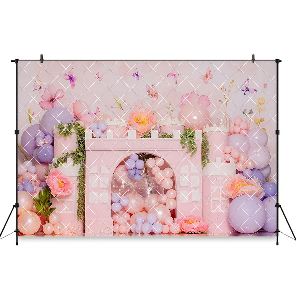 Pink Princess Castle Backdrop for Photography Girl Birthday Cake Smash Background Flowers Butterfly Photo Banner Studio Props