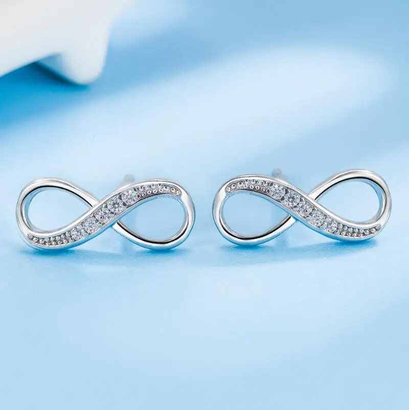 Authentic 925 Sterling Silver Shining Infinity Symbol Stud Earrings for Women Simple Geometric Earrings Fine Jewelry Gift BSE543