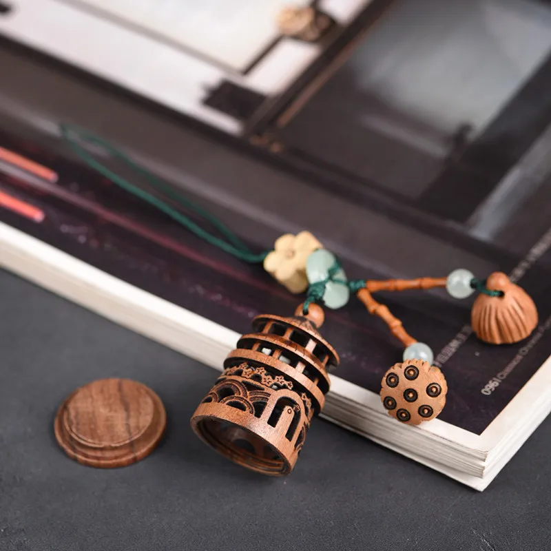 Hollow Carved Pagoda Shape Wooden Sachet Pendant Storage Box Keychain Woven Bag Hanging for Men and Women Gifts