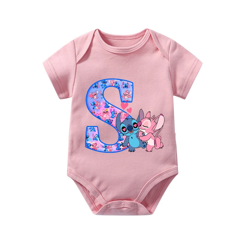 Stitch Angel Baby Girl Romper Disney Summer Kawaii Newborn Clothes New Cute Letter A-Z Bodysuits Kids Short Sleeve Onesie Gift