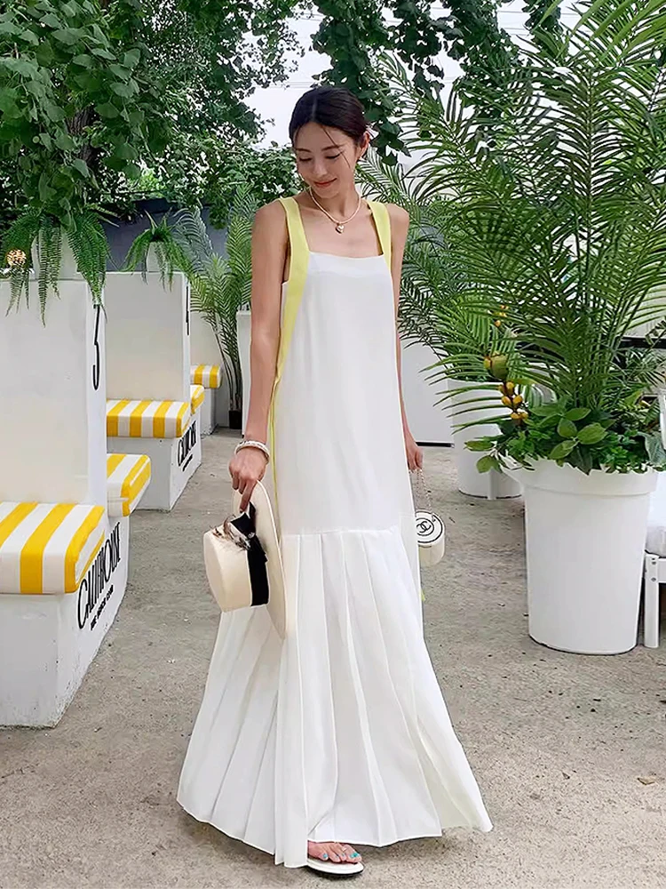 시크한 여름 젠틀한 분위기 컬러 블록 스트랩 스플라이스 플리츠 스커트 슬림핏 튜브탑 스트랩리스 드레스 하이웨이스트 롱 드레스