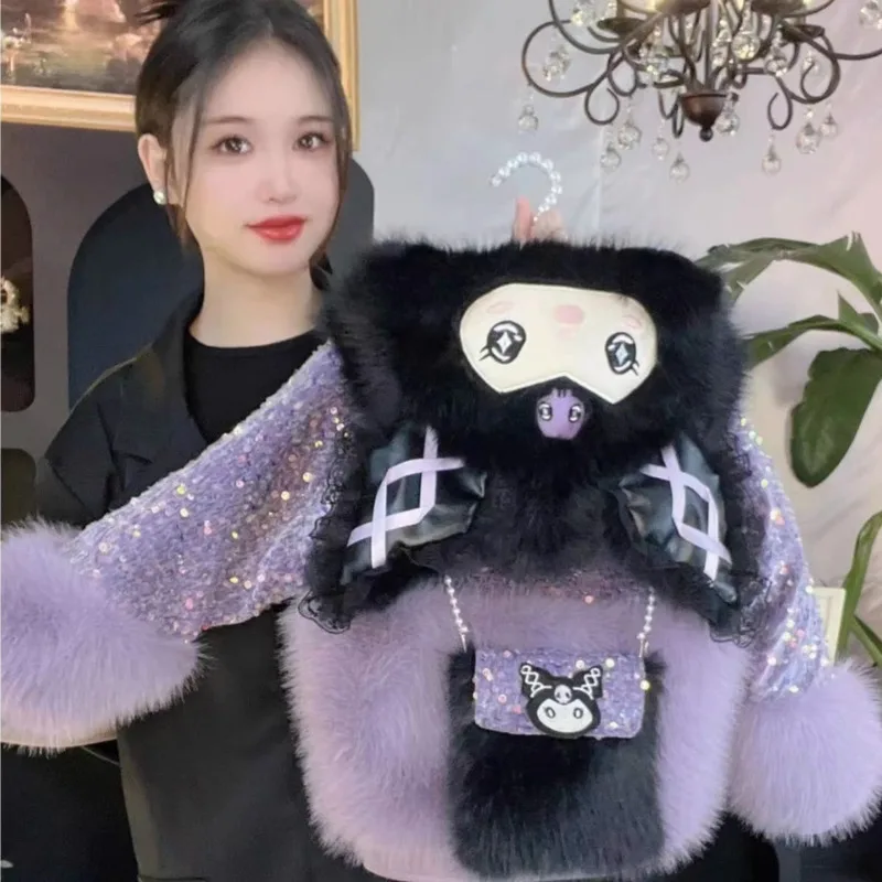 Nuovo Kawaii Sanrio Kuromi autunno inverno ragazza vestiti invernali cartone animato con cappuccio Color Block Plus velluto ispessimento regali di