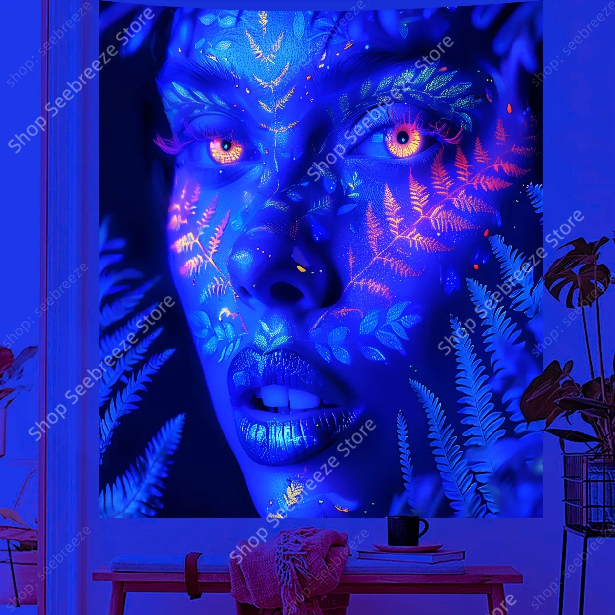 The Face of Beautiful Woman UV Reactive Tapestry Pteridophyte Neon Backdrop Wall Tapestry Room Decor Aesthetic Gift for Friends