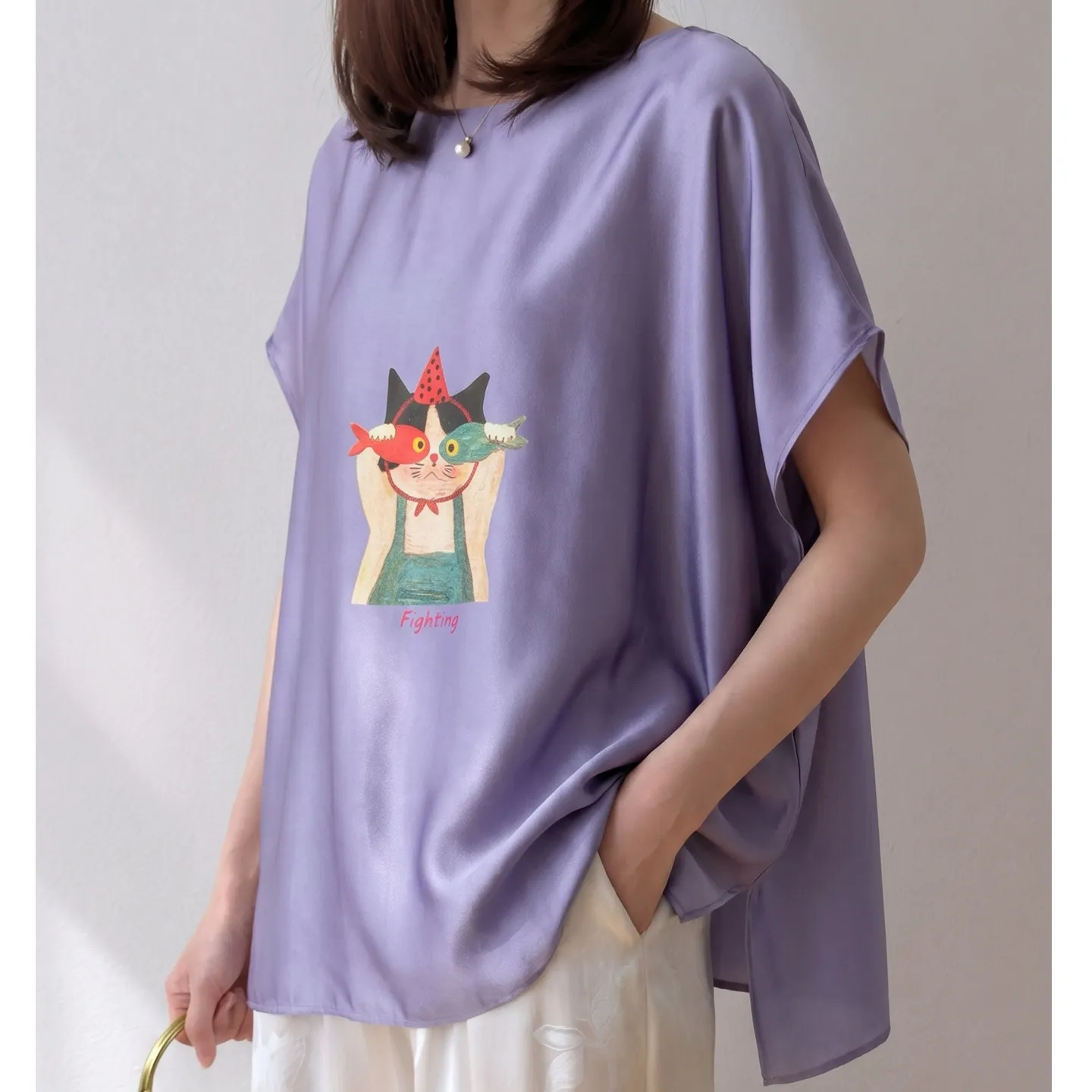 93% Mulberry Silk 7% Spandex Loose Type Purple Cat Printed Cap Sleeve Women Silk Shirt Casual Top Blouse Pullover Summer M1640