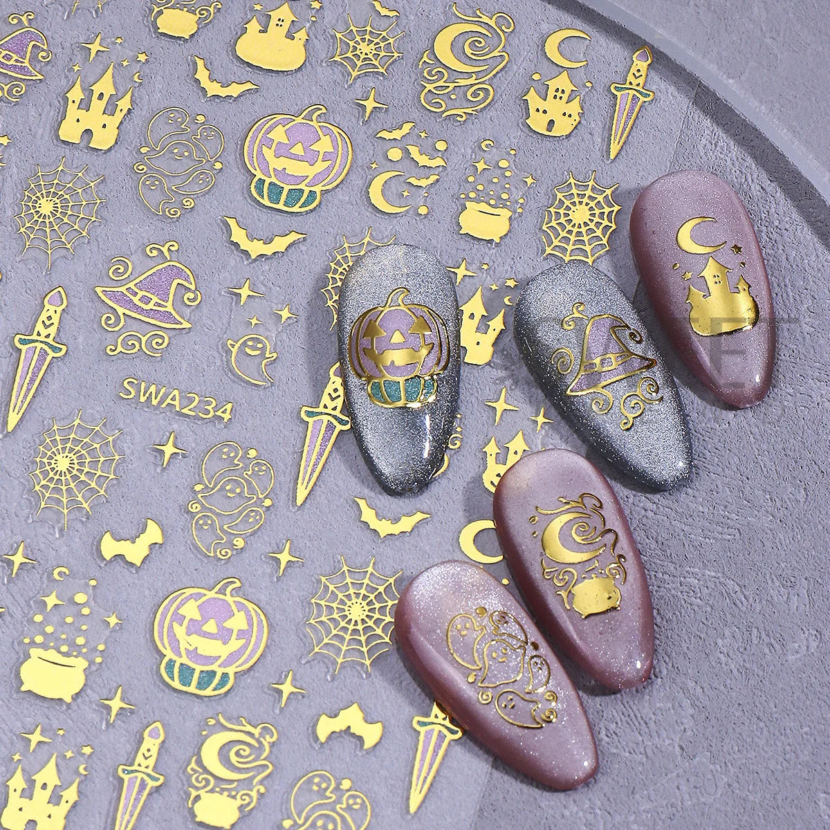 2 Stück Bronzefarbene Halloween Magische Nagelglitzer-Aufkleber Schloss Zaubererhut Geist Kürbis 3D Klebefolien Feiertags-Maniküre-Dekorationen – Detail 6