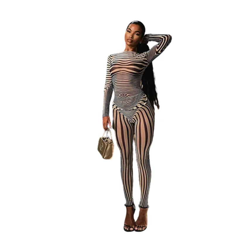 Trousers Suit Europe and The United States New Long-sleeved Striped Mesh Print Sexy Package Hip Slim Fit