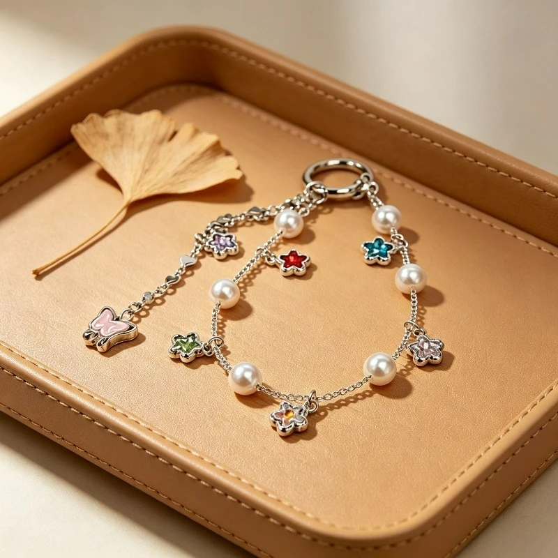 

Ins Crystal Bead Short Mobile Phone Lanyard, Light Luxury Alloy Bow Keychain Pendant.