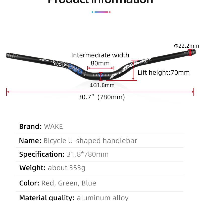 Mountain bike U-shaped handlebar 31.8mm MTB swallow handle aluminum alloy 780mm extra long bike handle bicycle accessories