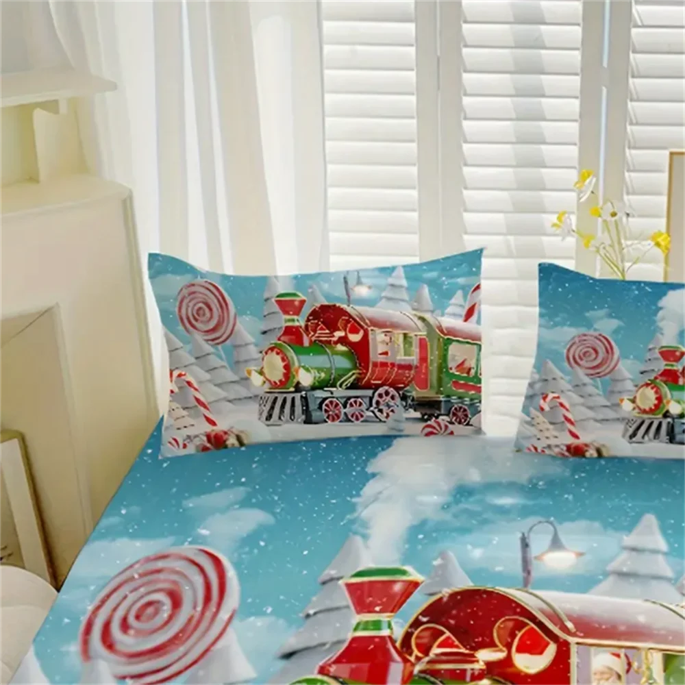 3pcs Christmas Train & Snow Scene Bedding Set - Soft, Breathable Fitted Sheet and Pillowcases for All Seasons, Machine Washable