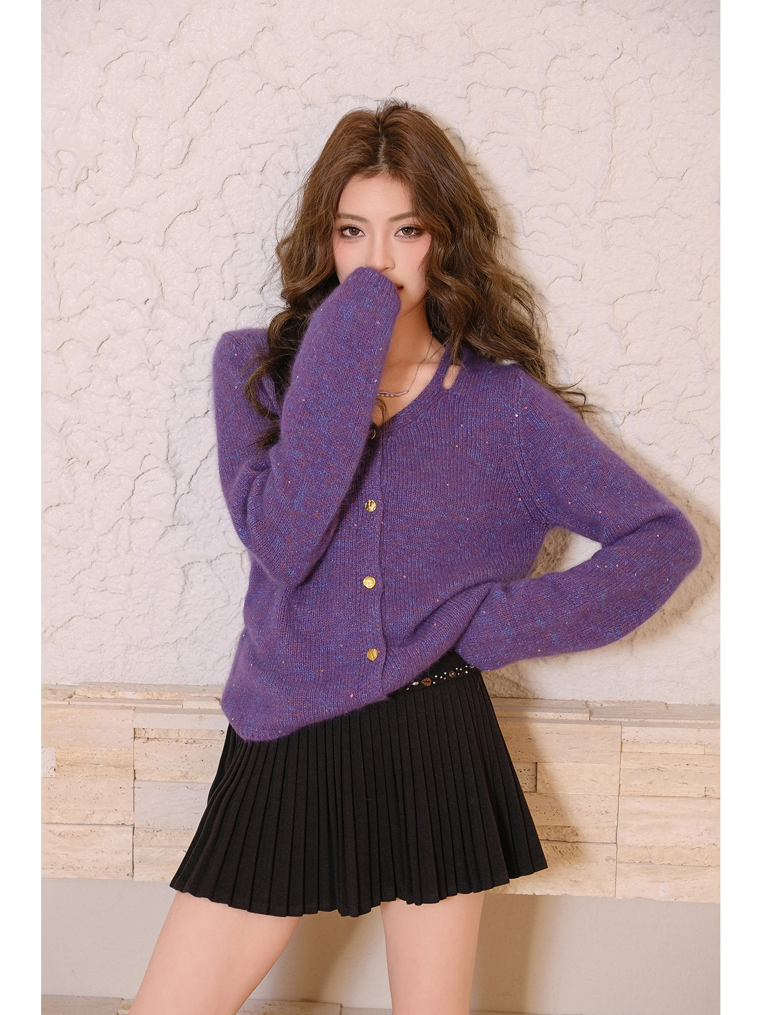 

MIUCO Фиолетовый вязаный кардиган из шерсти с пайетками, очень привлекательный топ премиум-класса для девочек