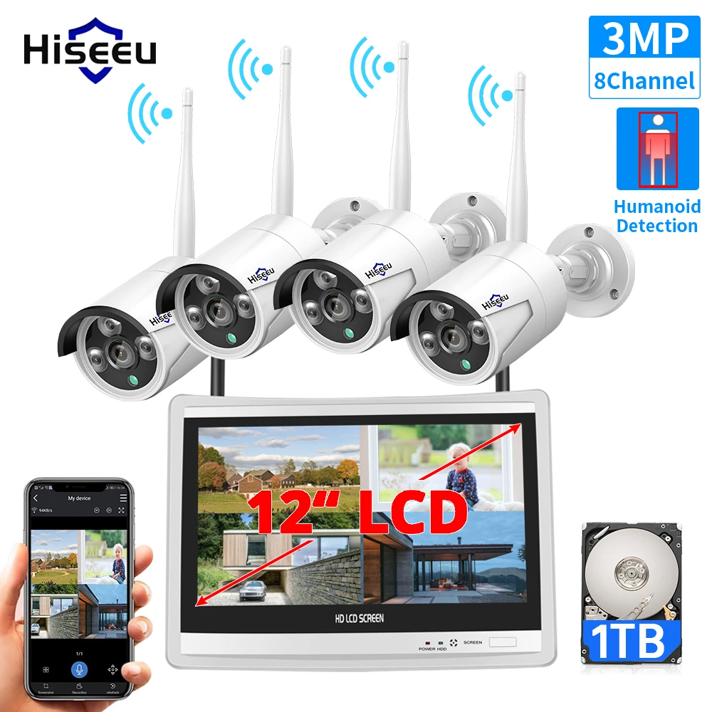 Hiseeu 올인원 LCD 모니터 무선 보안 카메라 시스템, 가정용 10CH 3MP NVR 키트, 1536P 야외 IP 카메라, H.265 +, 10/12 인치 