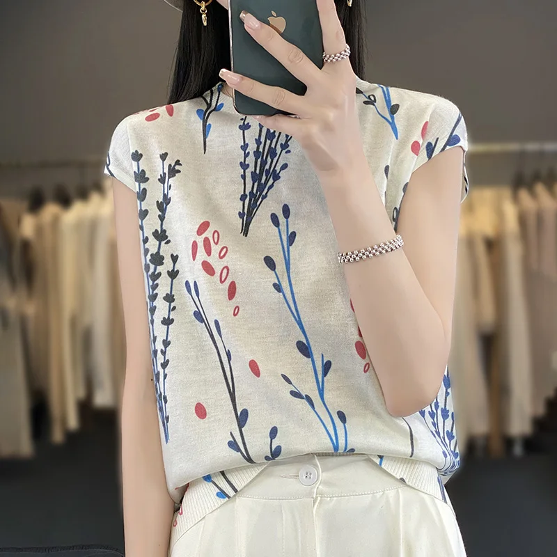 2024 New Summer Thin Silk Knitted Short-sleeved T-shirt Women\'s Sleeveless Wool Loose Printed T-shirt