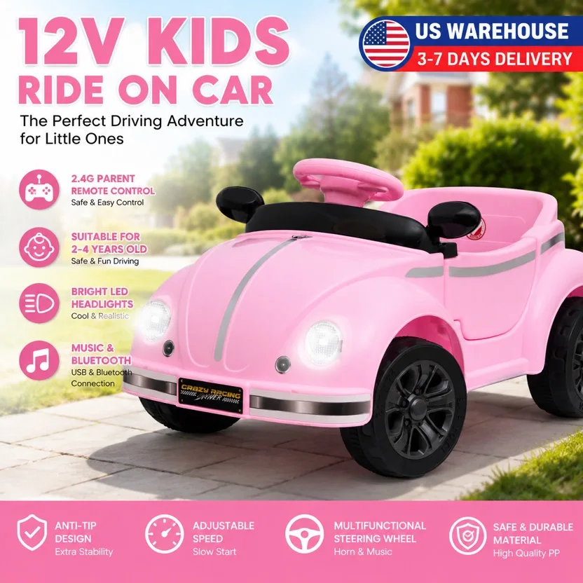 12V Kids Ride-On Car, Pink Polypropylene Electric Vehicle with 2.4G Remote Control, Classic Rounded Styling, Anti-Tip Design, LED Front Headlights, Adjustable Speed, Multifunctional Steering Wheel, USB, Bluetooth and 33.86 Inch Body Length for Ages 2-4