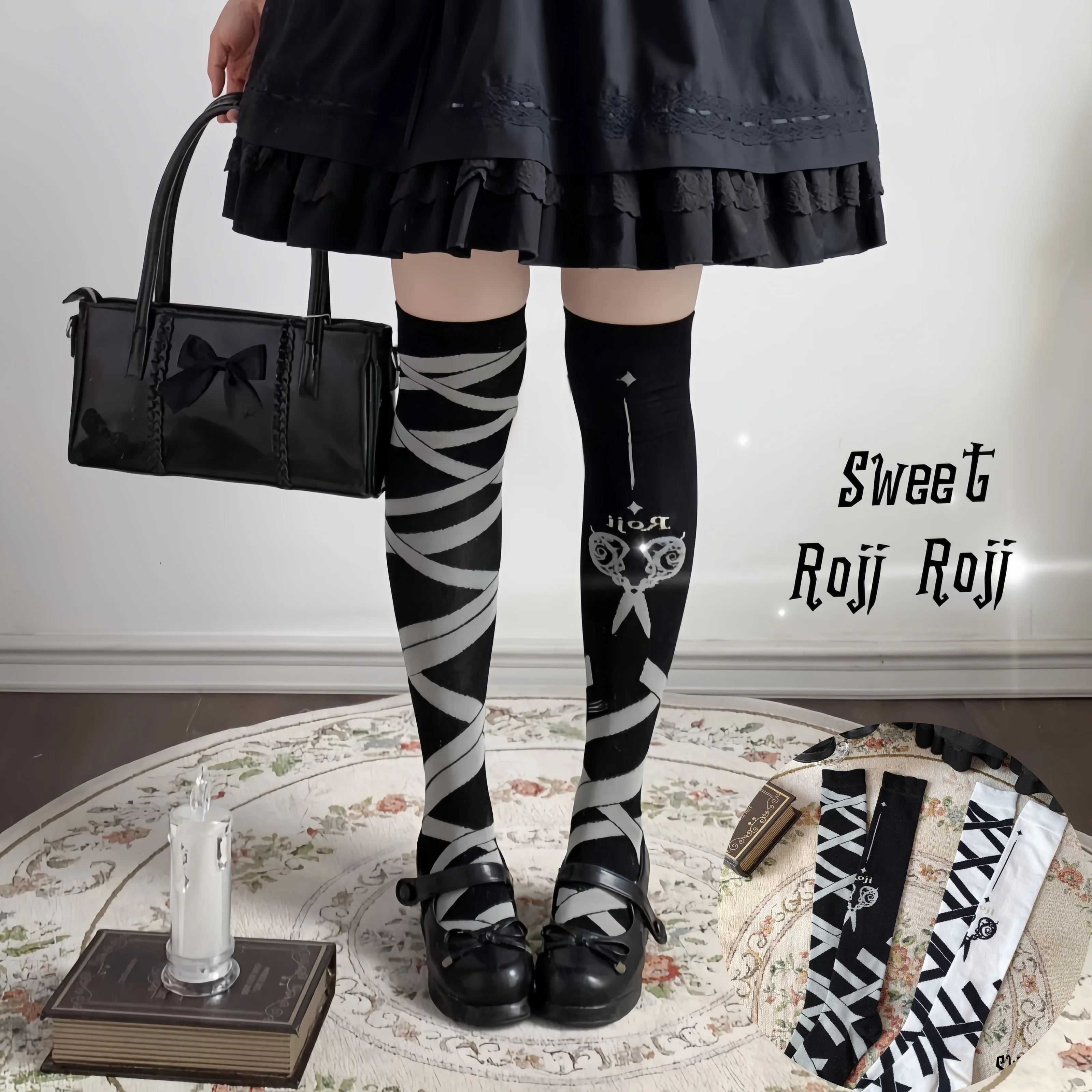 

Japanese Scissors Lolita Over-the-knee Socks Women'S Autumn & Winter Cotton Lace Bow Socks JK Dark Gothic Stripe Slim Leg Socks