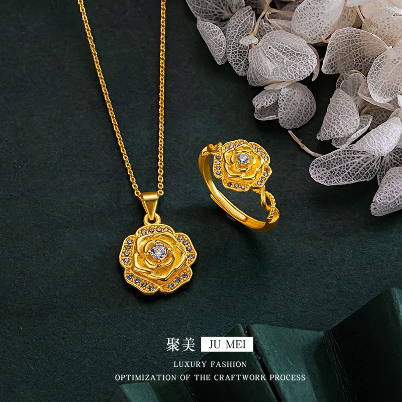 

Luxury 24K 9999 Pure Gold real gold Women's Rose suit Romantic Rose Ring Pendant Necklace
