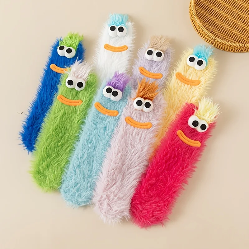 Random color 1/3 double set women's creative ugly and cute socks, fun and cute plush warm home socks