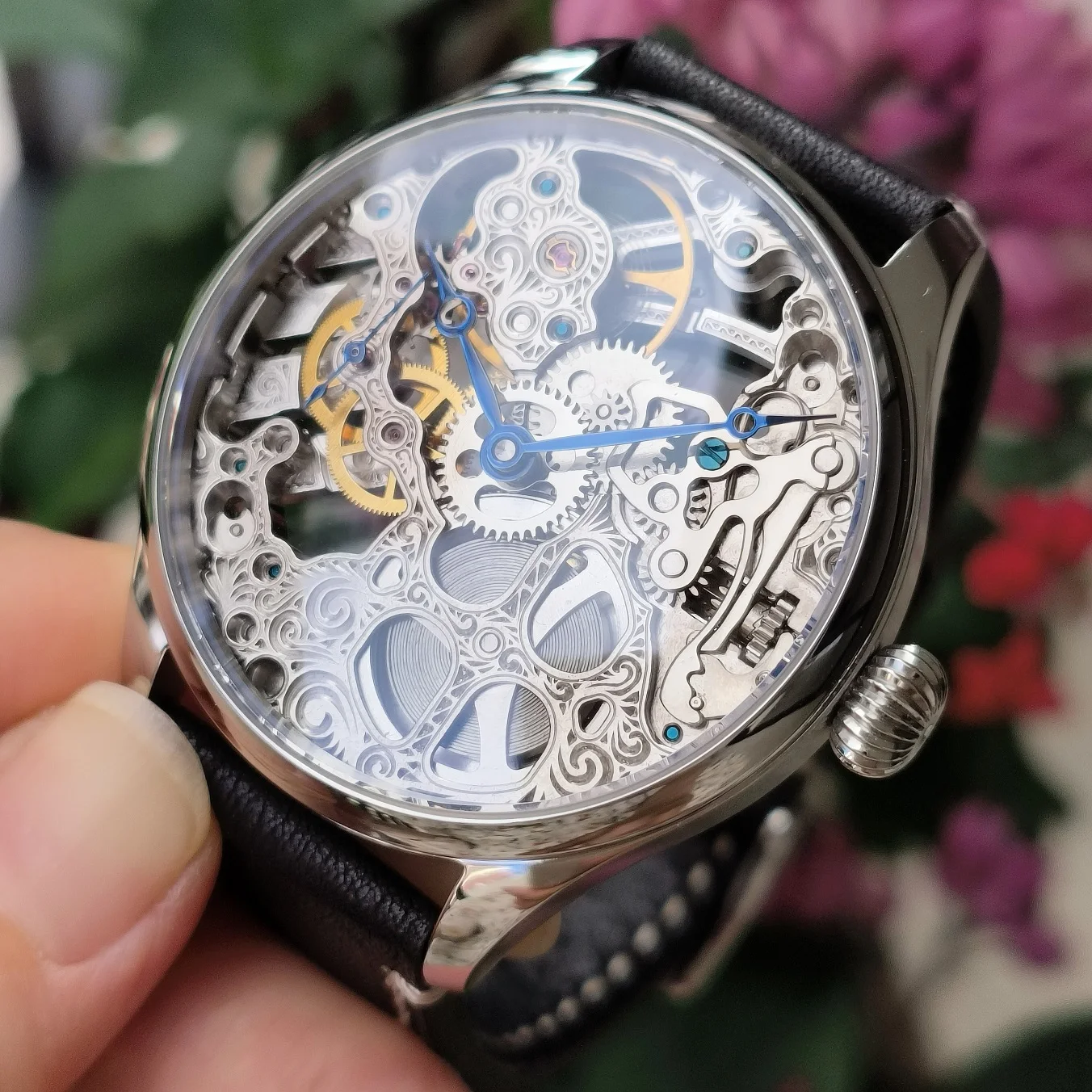 No logo 41mm Hand mechanical watch No dial ST3600K hollow movement Blue hand AR sapphire crystal