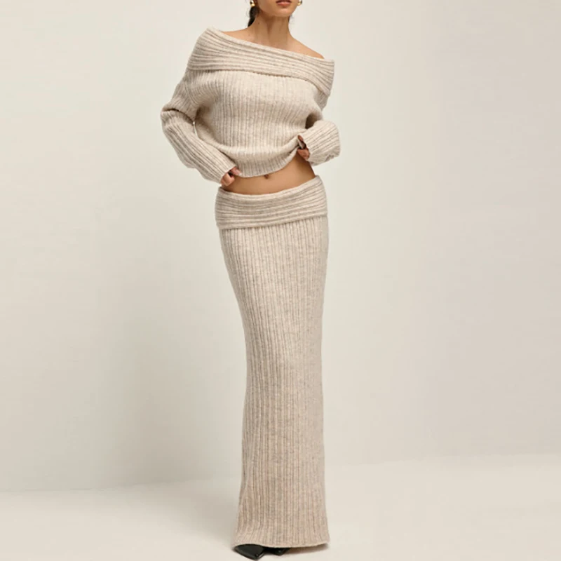 Casual Off Shoulder Sweater Top + Skirt 2 Piece Set Elegant Long Sleeved Slim Knitted Suit 2024 Autumn Winter Warm Women Outfit