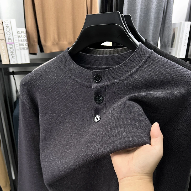 

Light luxury men button round neck sweater high-quality knit soft comfort texture simple solid color casual autumn new pullover