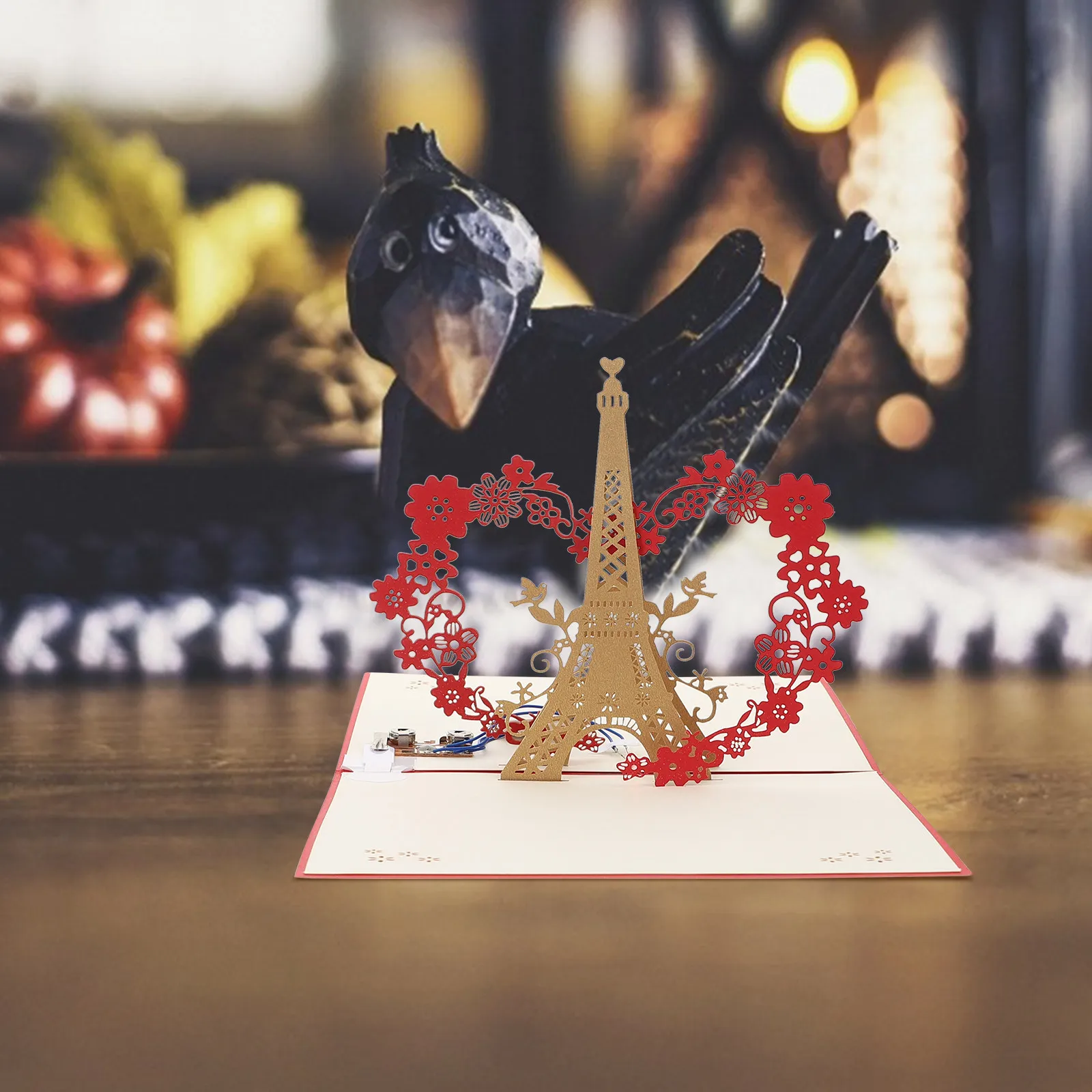 1Set Eiffel Tower 3D Glow Birthday Greeting Card with Melody Three-Dimensional Carved Luminous Blessing Card for Special