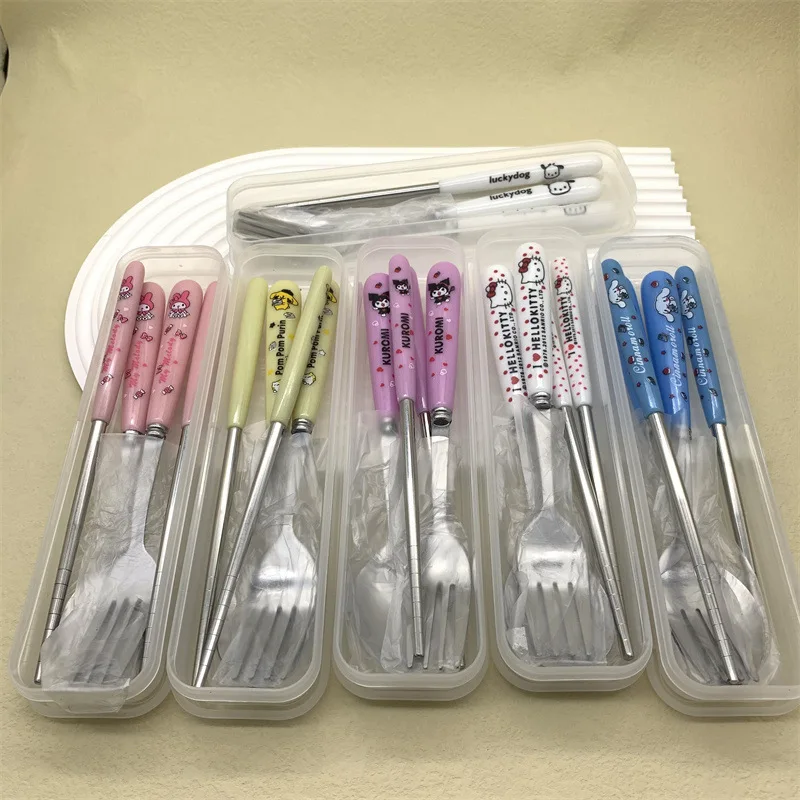 Sanrio Hello Kitty Kuromi  Pachacco Cinnamoroll Travel Portable Cutlery Set Fork Spoon Student Dinnerware Sets Kitchen Tableware