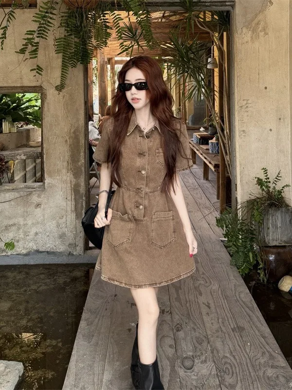 

plus Size Retro Sweet And Spicy Style Collar Denim Dress Women's Summer New Waist Cinching A-Line Skirt City Commute