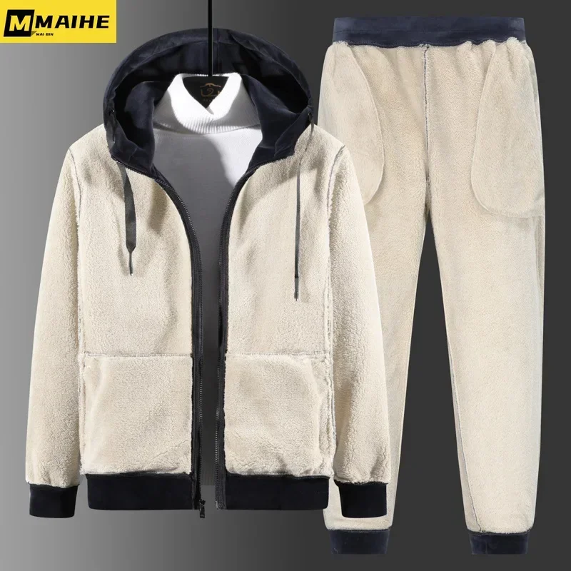 New Men Fleece Suit Two-Piece Plus Velvet Winter Thick Warm Suit Male Lamb Velvet Suit Casual Tracksuit plus Size 8XL 7XL 6XL