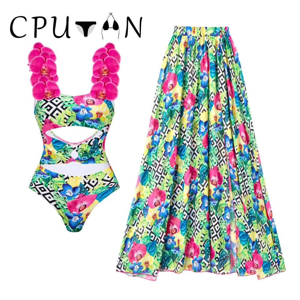 CPUTAN-Maillot de bain une pièce à fleurs pour femmes, avec couverture, monokini de luxe, pour batterie, ensemble bikini, vêtements de plage, 2025