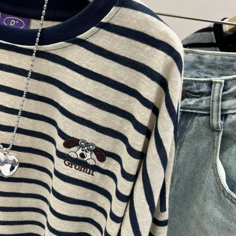 T-shirt basic in cotone oversize con ricamo a cartoni animati a righe vintage da donna T-shirt allentate a maniche lunghe con scollo a O casual Ropa De Mujer