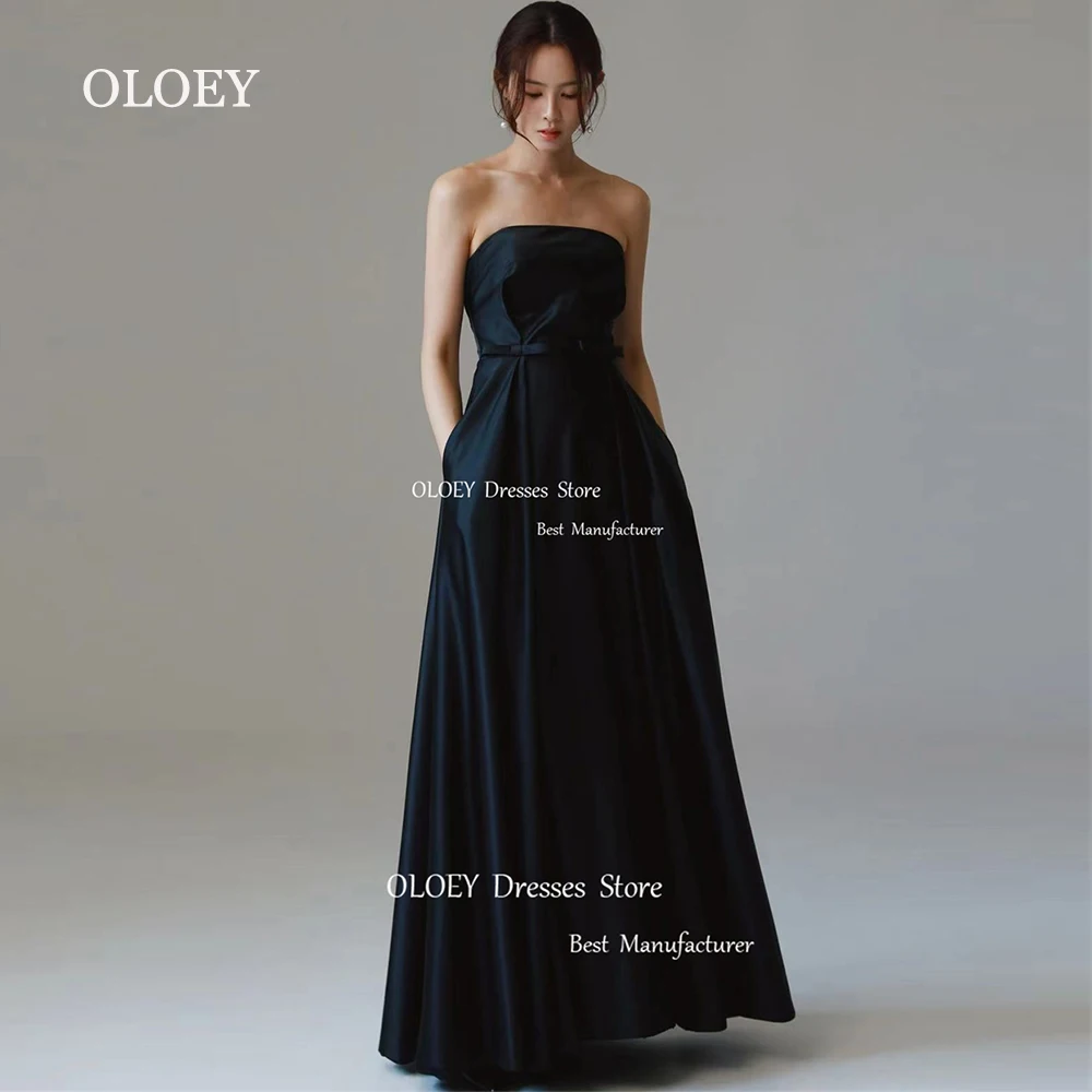 OLOEY Simple Black A Line Wedding Dress Korea Photoshoot Pleats Satin Sleeveless Prom Dress Floor Length Custom Made Corset