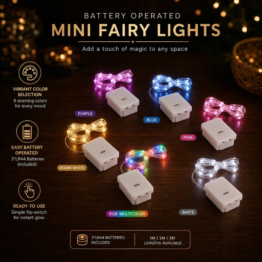 Battery Operated Mini LED Fairy Lights 1M 2M 3M LR44 Battery Box Copper Wire String Light for Wedding Party Christmas Decoration