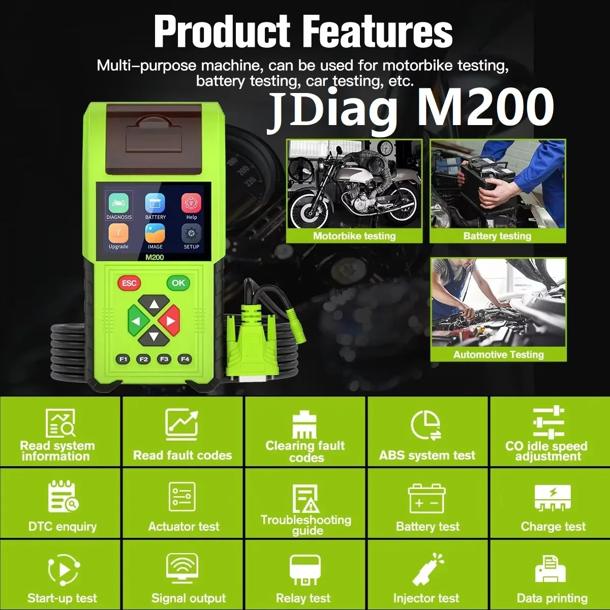 

JDiag M200 Motorcycle Diagnostic OBD2 Scanner Fault Code Battery Tester Motoscan Tool For BMW/Yamaha/Kawasaki/Honda free update