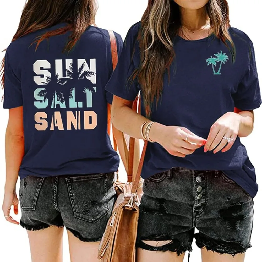 Sun Salt Sand Beach Coconut Tree Shirt for Women Summer Cotton Short-sleeve Hawaiian Graphic Girls Trip Vacation Tee Unisex Tops